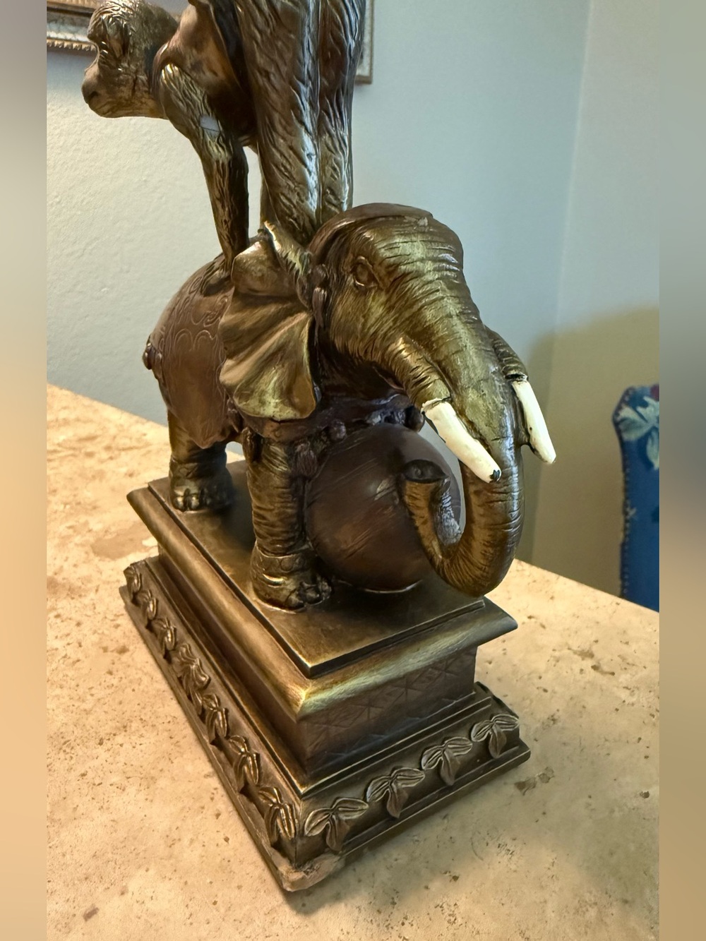 Vintage Bronze-Tone Elephant & Monkey Pedestal Pillar Candle Holder 12" High - Picture 5 of 6